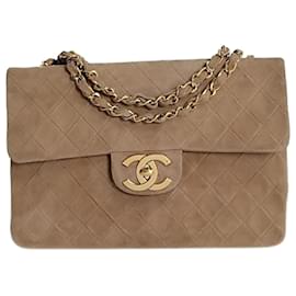 Chanel-Chanel Chanel Big Matelassè Classic single flap bag in beige suede-Beige