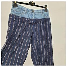 Chanel-Chanel Pantalones Palazzo de seda estampados en azul marino con cinturilla de mezclilla.-Multicolor