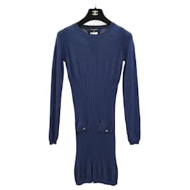 Chanel-Vestido de punto de manga larga en azul marino de Chanel.-Azul marino