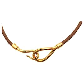Hermès-Colar Choker de Couro Marrom Claro e Dourado Hermès Jumbo Hook & Loop-Marrom