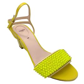 Autre Marque-Fendi Yellow Bead Embellished Embossed Leather Wedge Sandals-Yellow