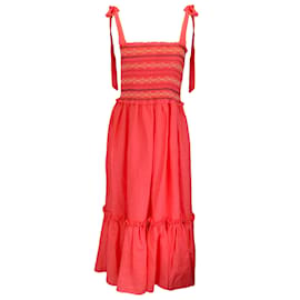 Autre Marque-Cara Cara Hibiscus Embroidered Linen Jenny Midi Dress-Red