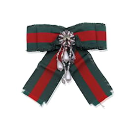 Gucci-Red Green Grosgrain Bow Brooch Pin with Pearls and Crystals-Multiple colors