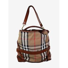 Burberry-Brown checkered tote with leather belt buckle details-Brown