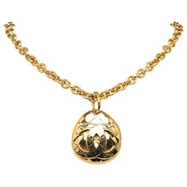 Chanel-Chanel Gold CC Quilted Pendant Necklace-Golden