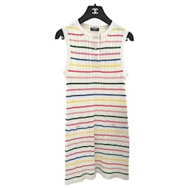 Chanel-CC Buttons Striped Summer Dress-Cream