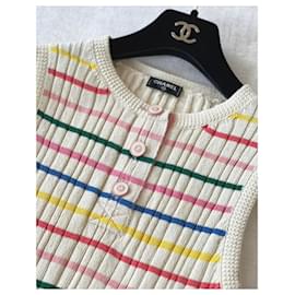 Chanel-CC Buttons Striped Summer Dress-Cream