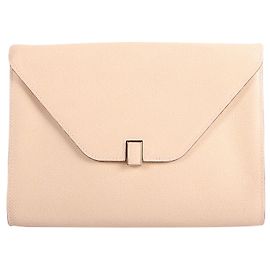 Valextra Metallic Nude Leather Envelope Clutch Flesh