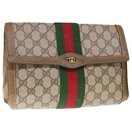 Gucci-GUCCI GG Supreme Web Sherry Line Clutch Bag PVC Beige Rot 89 01 006 Auth 65935-Rot,Beige
