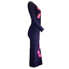 Autre Marque-Carolina Herrera Navy Blue / Pink Floral Stretchy Knit Midi Dress-Blue