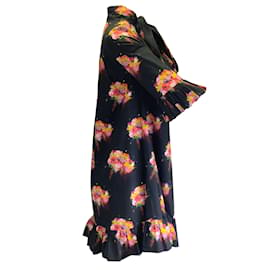 Autre Marque-Jonathan Cohen Black Multi Floral Printed Tie-Neck Cotton Dress-Black
