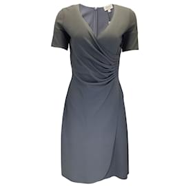 Autre Marque-Armani Collezioni Charcoal Grey Short Sleeved V-Neck Stretch Knit Midi Dress-Grey
