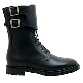Autre Marque-Celine Black Leather Ranger Lace Up Boots with Buckle Cuff-Black