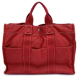Hermès-Hermes Paris Vintage lona roja algodón Fourre Tout MM bolsa de asas-Roja