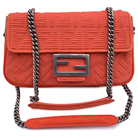 Fendi-Orange Embossed FF Logo Baguette Chain Crossbody Bag-Orange