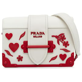 Prada-Prada White Saffiano Trimmed City Calf Cahier Flower Heart Bag-White