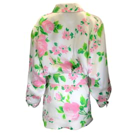 Autre Marque-Richard Quinn Blanc / Robe en soie boutonnée à manches longues et imprimé floral multicolore rose-Multicolore