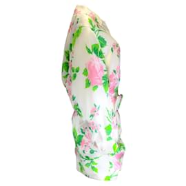 Autre Marque-Richard Quinn Bianco / Abito in seta abbottonato a maniche lunghe con cintura stampata multi floreale rosa-Multicolore
