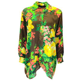Autre Marque-Richard Quinn Blusa de seda com botões e mangas compridas estampada multifloral marrom-Multicor