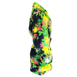 Autre Marque-Richard Quinn Robe en soie boutonnée à manches longues et imprimé floral multicolore noir avec ceinture-Multicolore