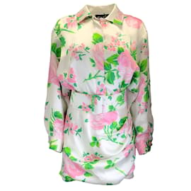Autre Marque-Richard Quinn Blanco / Vestido de seda con botones, manga larga y cinturón con estampado floral multicolor rosa-Multicolor