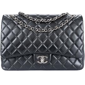 Chanel-Chanel Quilted Lambskin Silver Hardware Maxi lined Flap Bag-Black