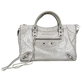 Balenciaga-City Medium Leather 2-Ways  Bag metallic silver-Silvery