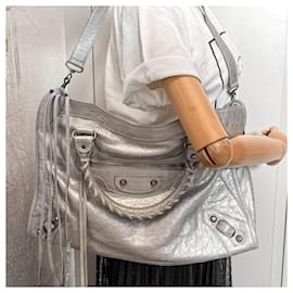 Balenciaga-City Medium Leather 2-Ways  Bag metallic silver-Silvery
