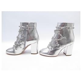 Chanel-NEW CHANEL G ANKLE BOOTS34489 37.5 SILVER LEATHER INTERLACE CHAIN ANKLE BOOTS-Silvery