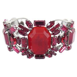 NEW PHILIPPE FERRANDIS RED STONE CUFF BRACELET 24 CM SILVER BANGLE Silvery