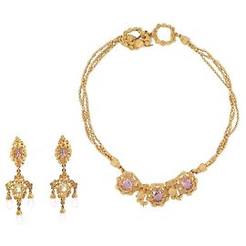 VINTAGE PARURE CHRISTIAN LACROIX COLLIER + BOUCLES D'OREILLES METAL DORE SET Doré