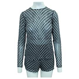 Reformation-Peace Sign Print Blouse and Shorts Set-Blue
