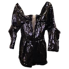 Balmain-Balmain Off-the-Shoulder Sequined Playsuit in Black Polyester-Black