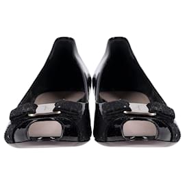 Salvatore Ferragamo-Salvatore Ferragamo Vara Bow Peep-Toe Pumps in Black Patent Leather-Black