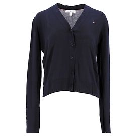 Tommy Hilfiger Cardigã feminino de manga comprida com decote em V Azul marinho