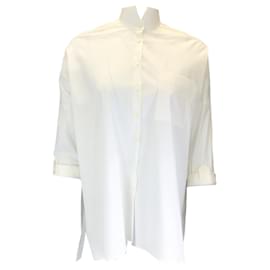 Autre Marque-Brunello Cucinelli Blanco / Blusa de algodón con botones y flecos de cuentas de Monili plateada-Blanco
