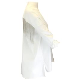 Autre Marque-Brunello Cucinelli Blanco / Blusa de algodón con botones y flecos de cuentas de Monili plateada-Blanco
