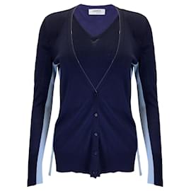Autre Marque-Akris Punto Navy Blue / Light Blue Wool Knit Cardigan Sweater and Tank Top Two-Piece Set-Blue