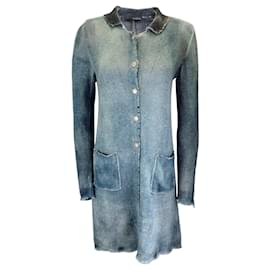Autre Marque-Avant Toi Teal Long Sleeved Button-front Linen Knit Long Cardigan Sweater-Blue