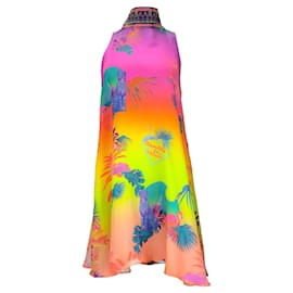 Autre Marque-Camilla Multicolored Embellished Tie-Neck Palm Print Silk Short Dress-Multiple colors