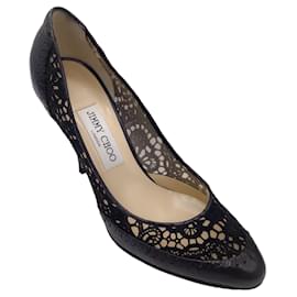 Autre Marque-Jimmy Choo Black / Beige Mesh Tulle Embroidered Lace and Leather Pumps-Black