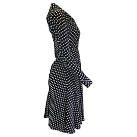Autre Marque-Salon 1884 Black / White Polka Dot Print Long Sleeved Button-Front Silk Midi Dress-Black