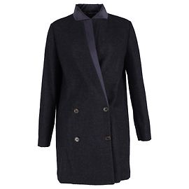 Brunello Cucinelli Double-Breasted Coat with Satin Collar in Navy Blue Wool Navy blue