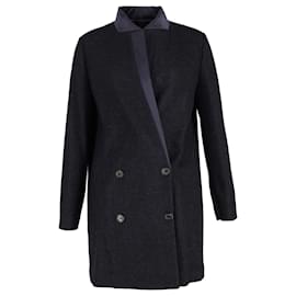 Brunello Cucinelli-Brunello Cucinelli lined-Breasted Coat with Satin Collar in Navy Blue Wool-Navy blue