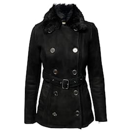 Burberry-Burberry Brit Double-Breasted Shearling Jacket in Black Leather-Black
