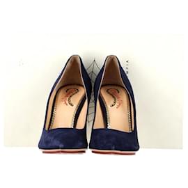Charlotte Olympia-Charlotte Olympia Pointed Toe Pumps in Navy Blue Suede-Blue,Navy blue