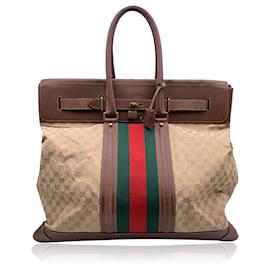 Gucci-Beige Monogram Canvas Weekender Travel Bag with Stripes-Beige