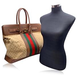 Gucci-Beige Monogram Canvas Weekender Travel Bag with Stripes-Beige