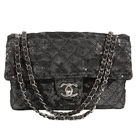 Chanel-Bolsa Clássica Jumbo Flap da Chanel em Malha com Lantejoulas Escondidas Pretas e Ferragens Prateadas-Preto