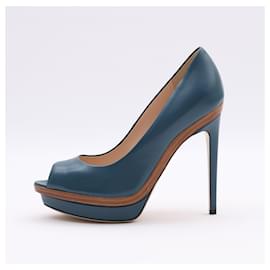 Fendi-Fendi Leather Open Toe Peacock Color Pump Platform Heels Shoes Size 39eu-Blue